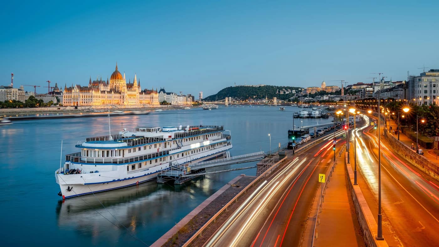 City riverfront at twilight